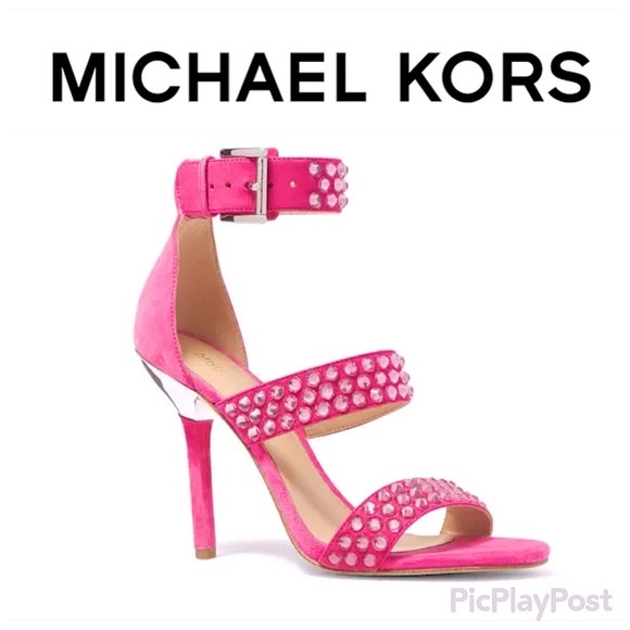 Michael Kors PINK Dragonfruit Leather Pink Crystals Amal Silver Heels NWT NIB 8 - Picture 1 of 13